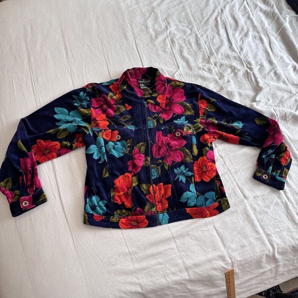Vintage Carole Little Sport CL Floral Print Jacket Womens L Velvet Top Shirt